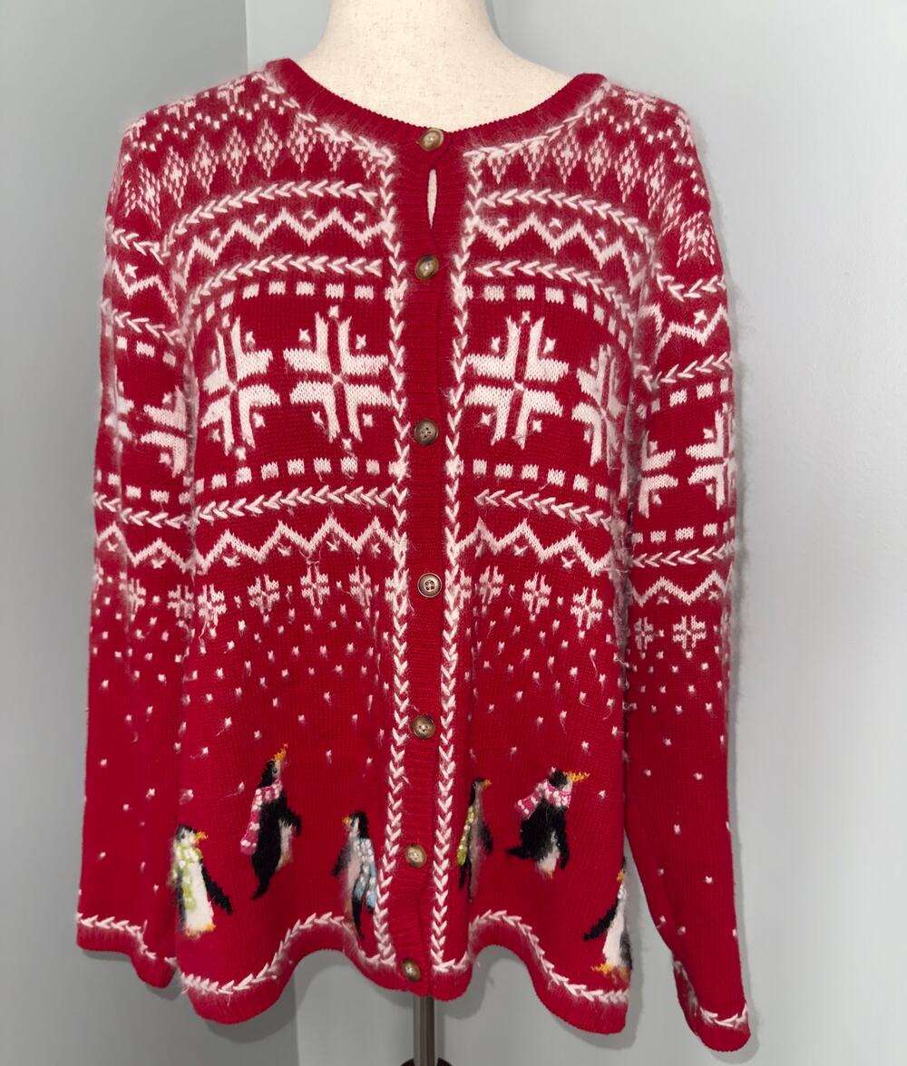 Vintage Marisa Christina Snowflakes and Penguins Christmas Cardigan - Size L